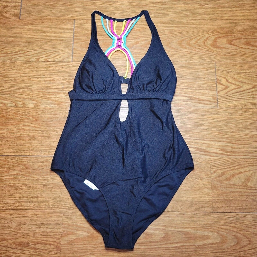 Jessica Simpson One Piece Swimsuit Keyhole Size Medium Black/Multicolored NWT